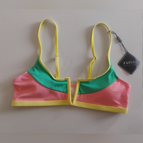 ZAFUL V-Neck Ribbed Bikini Top Swimwear - Light Yellow - Picture 3 of 12